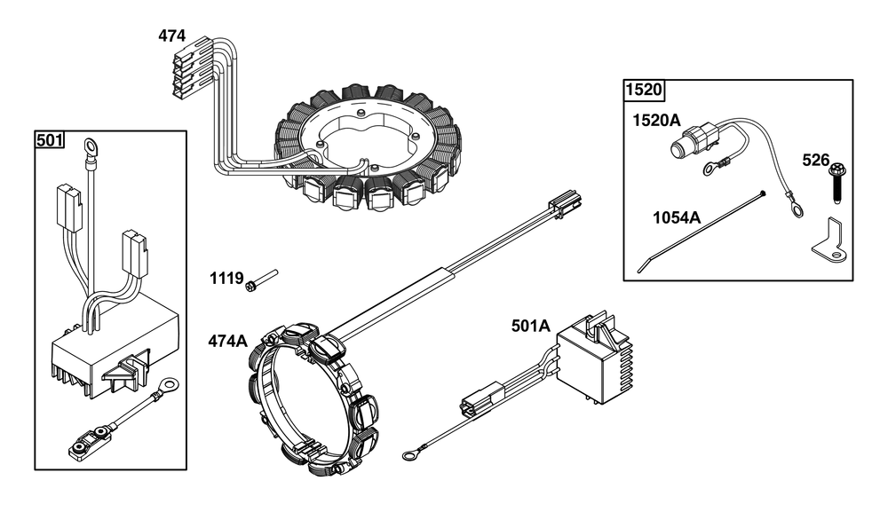 Alternator Group Diagram and Parts List for 613477-4231-J1 400000 - 699999 Briggs and Stratton Engine